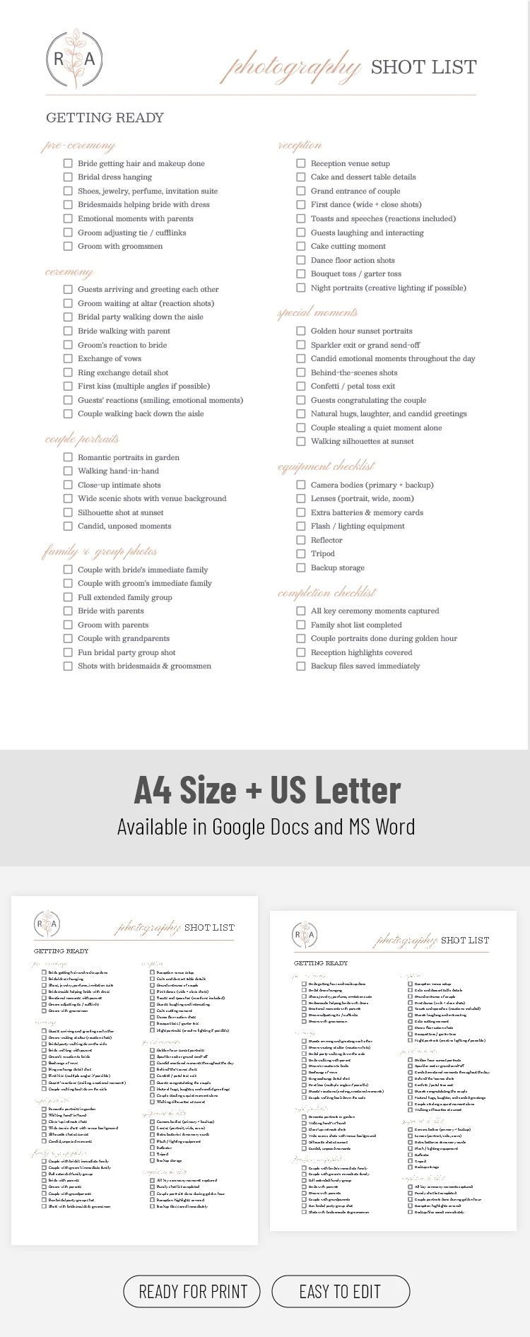 Preview of Photography Shot List Template for Google Docs and Microsoft Word