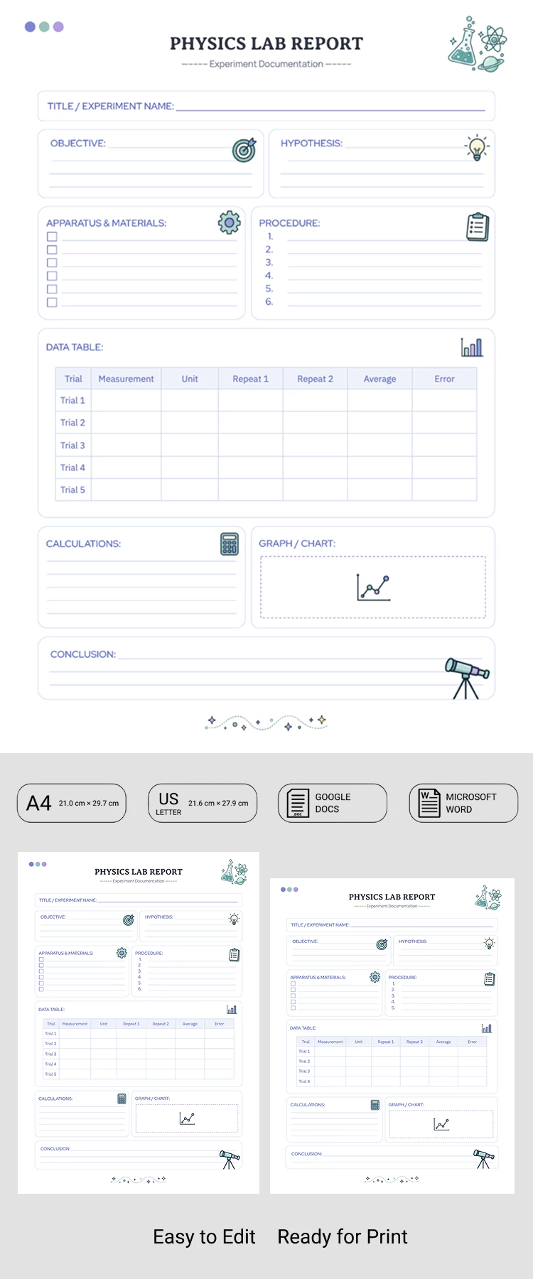 Preview of Physics Lab Report Template for Google Docs and Microsoft Word