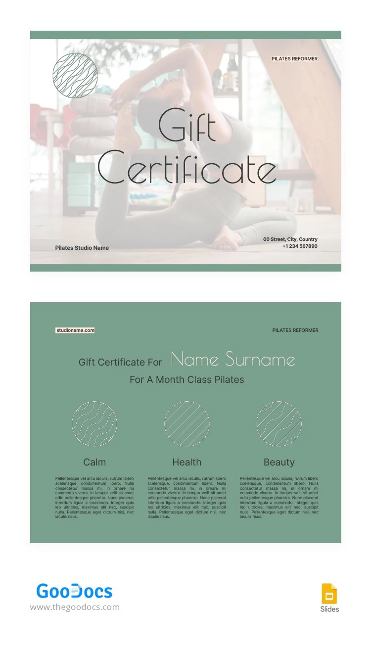 Certificat cadeau Pilates Reformer - free Google Docs Template - 10066061