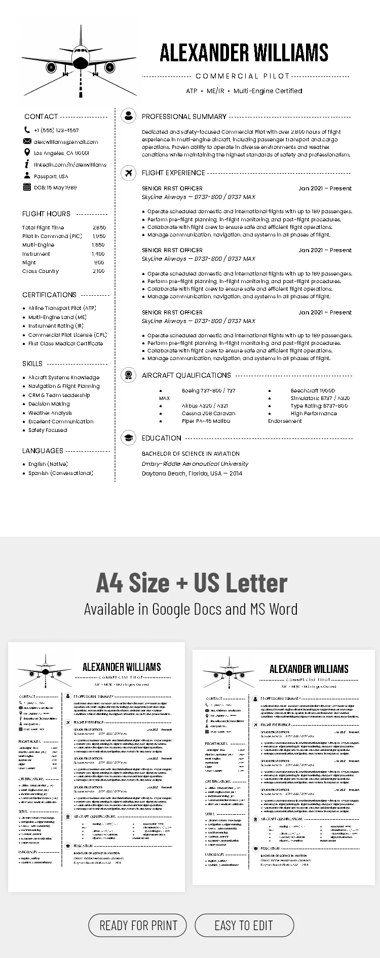 Preview of Pilot Resume Template for Google Docs and Microsoft Word