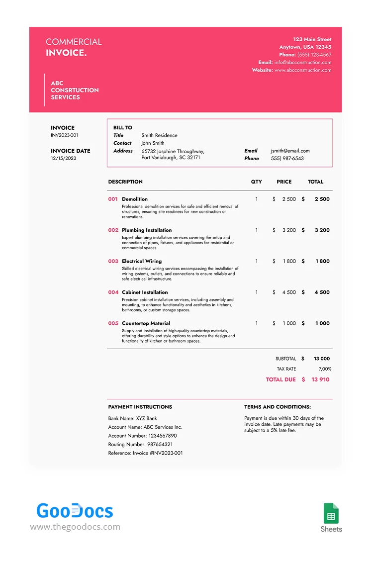 Fatura comercial cor-de-rosa - free Google Docs Template - 10067723