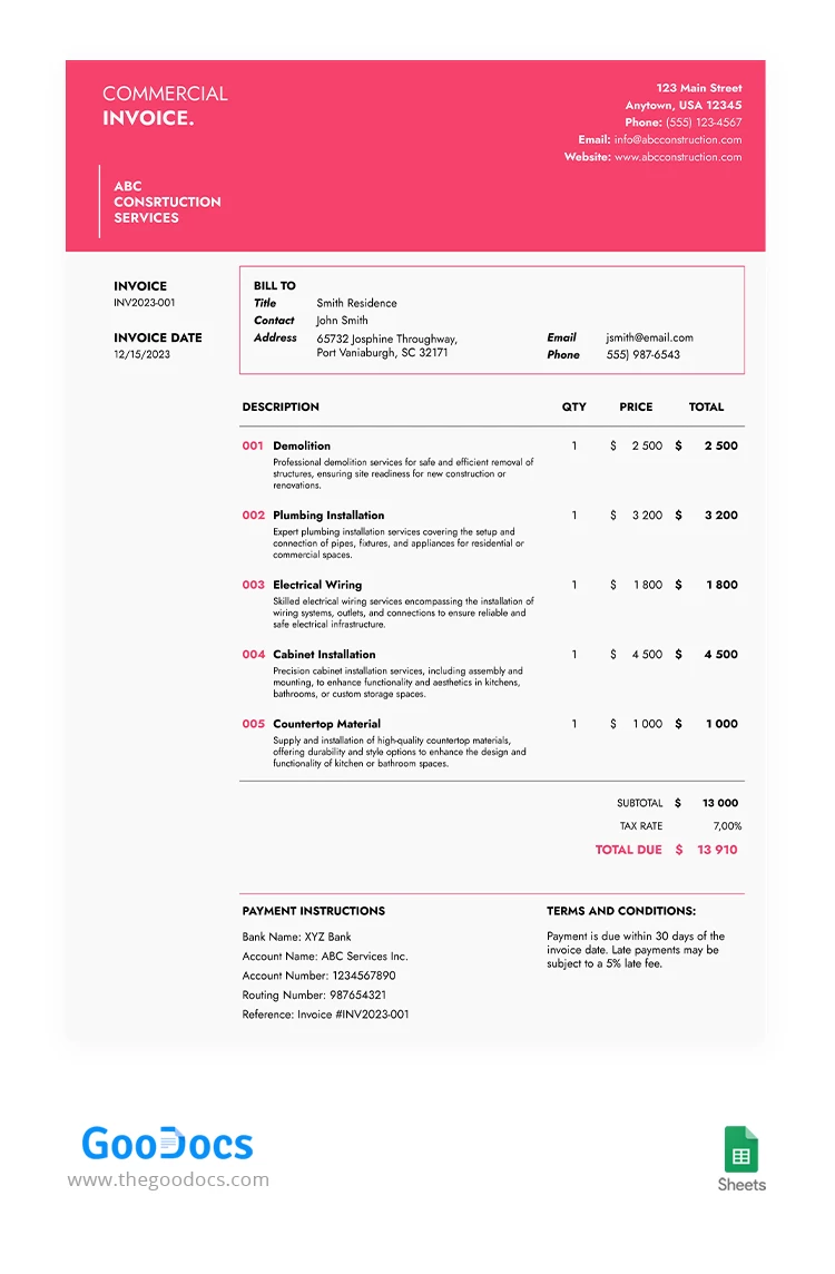 Rosa Handelsrechnung - free Google Docs Template - 10067723