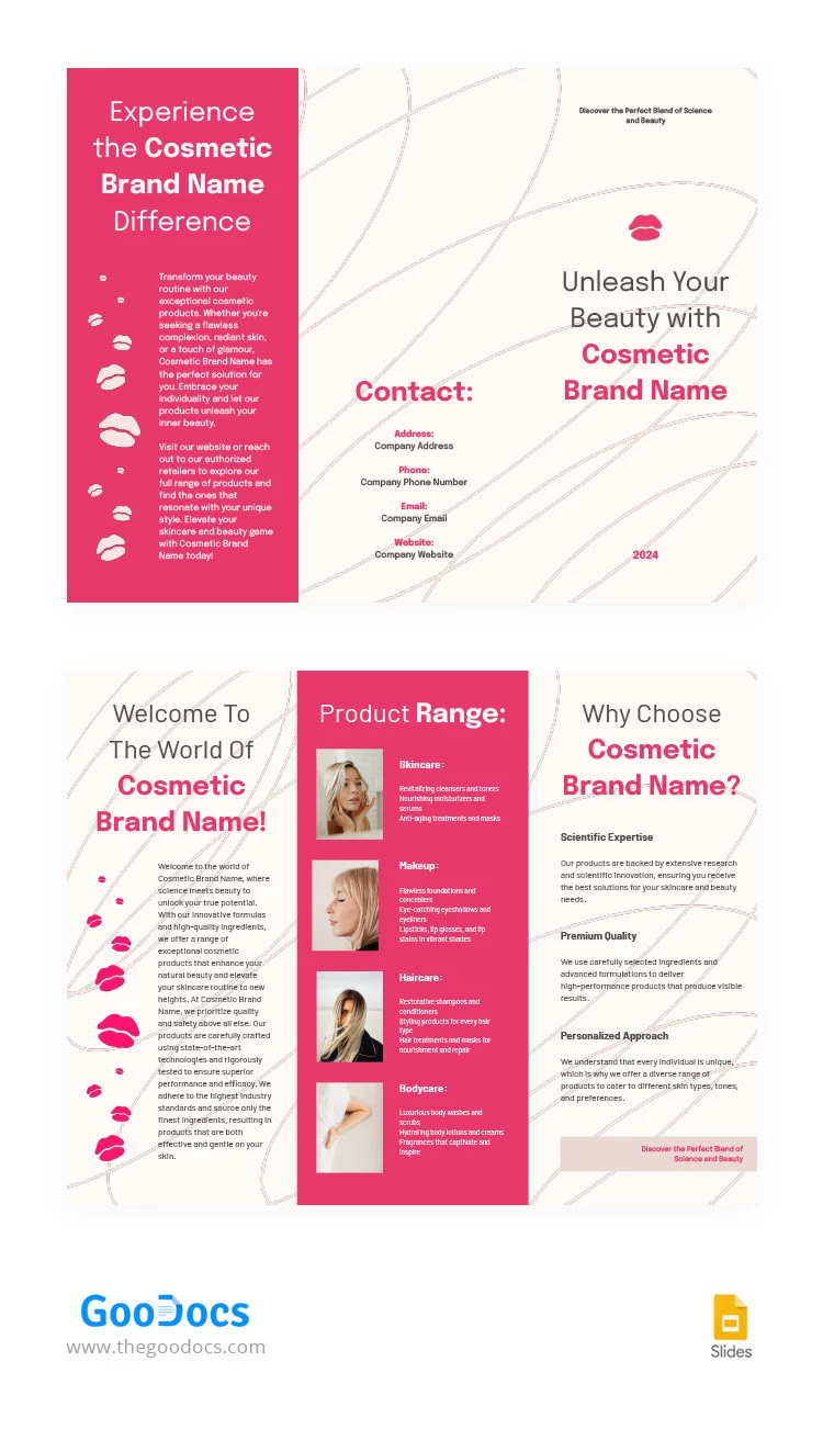 Folleto corporativo de cosméticos rosados. - free Google Docs Template - 10066392