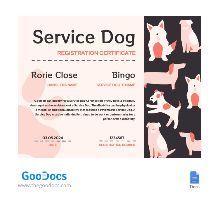 Certificat de service du chien rose - free Google Docs Template - 10065145