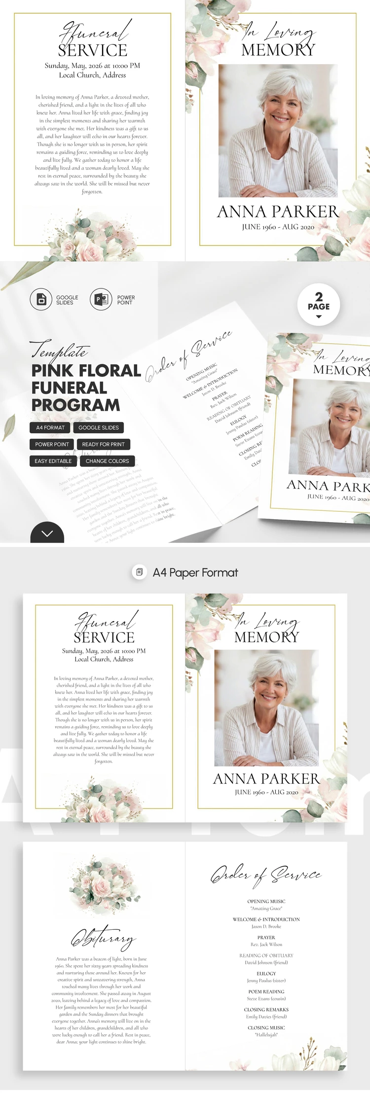 Preview of Pink Floral Funeral Program Template for Google Slides and Microsoft PowerPoint