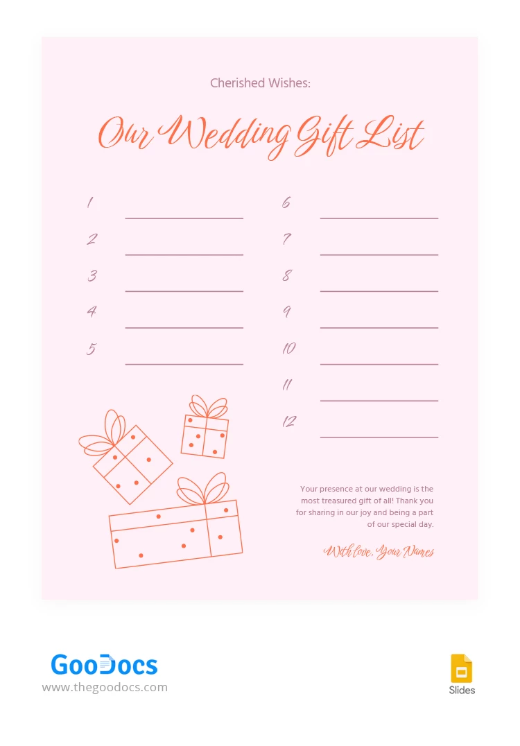 Lista de presentes de casamento delicados em rosa - free Google Docs Template - 10066493