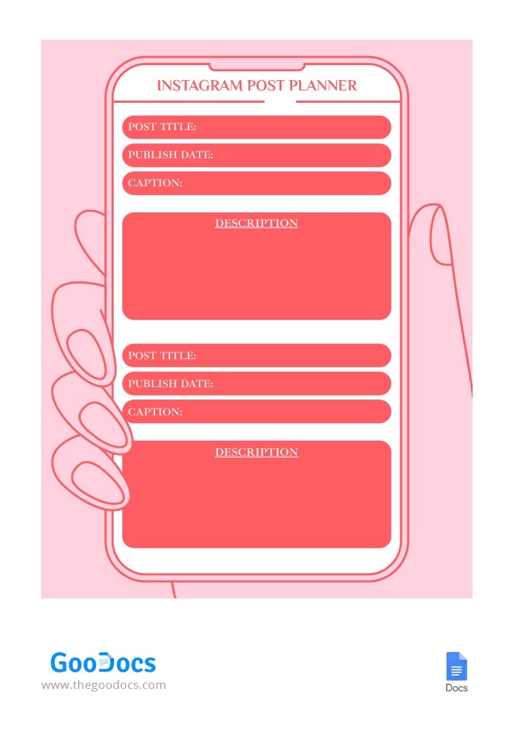 Pianificatore di post Instagram rosa - free Google Docs Template - 10064865