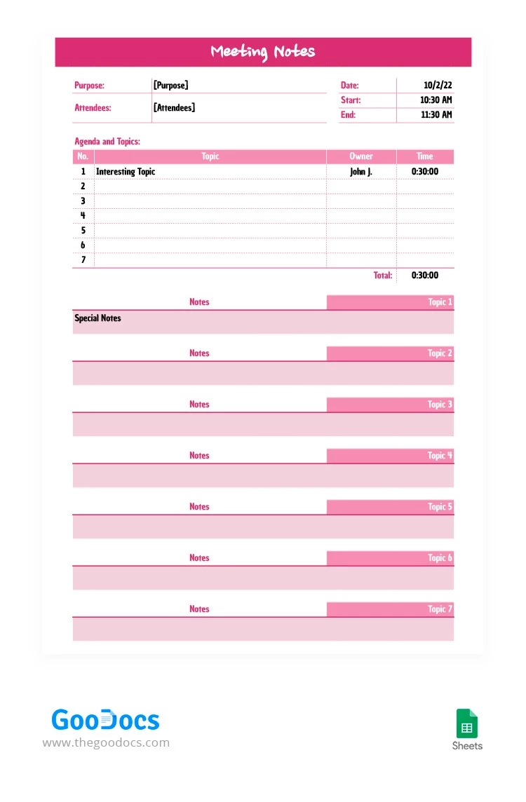 Nota de Reunião Rosa - free Google Docs Template - 10062904