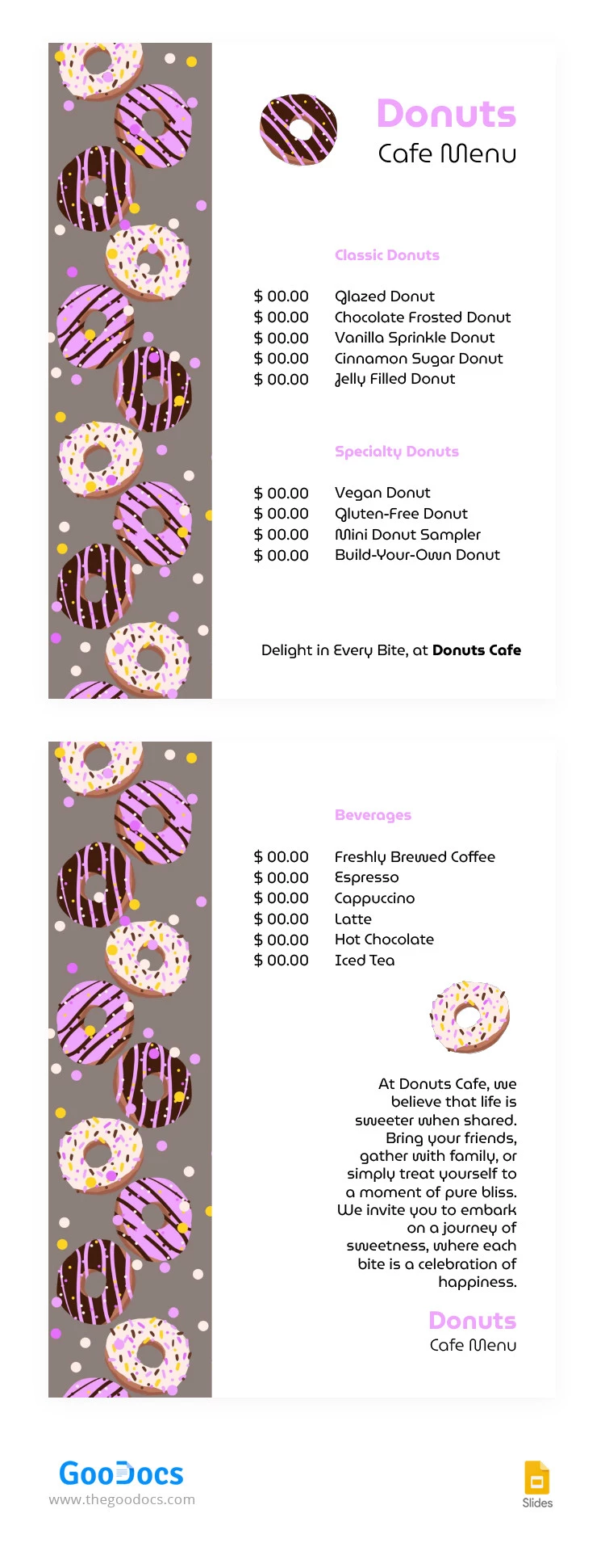 Menu del Cafè Moderno di Donut Rosa - free Google Docs Template - 10066285
