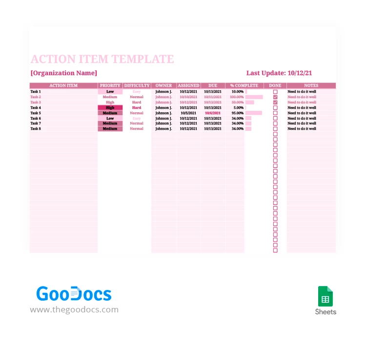 Pink Style Action Item Template - free Google Docs Template - 10062262