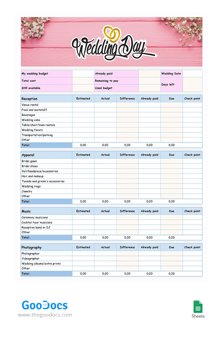 Pink Wedding Budget - free Google Docs Template - 10062912