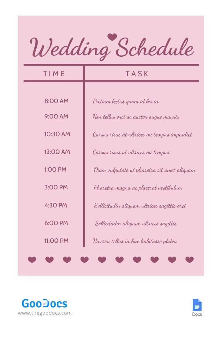 Pink Wedding Schedule - free Google Docs Template - 10062691