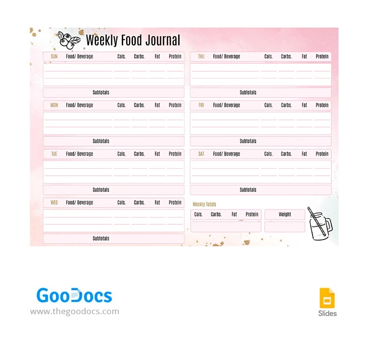 Journal alimentaire hebdomadaire rose - free Google Docs Template - 10065878