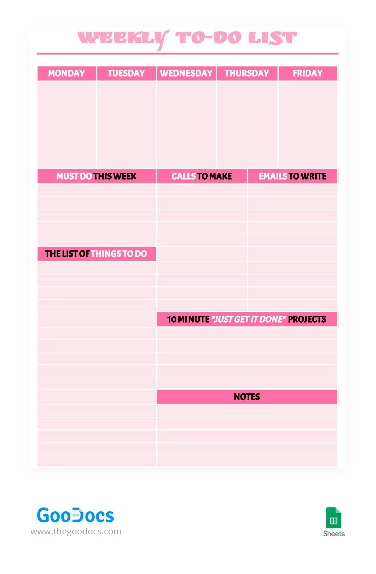 Wöchentliche Pink To-Do-Liste - free Google Docs Template - 10062193