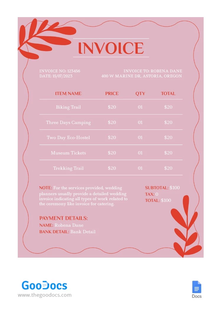 Pink with Red Wedding Invoice - free Google Docs Template - 10064506