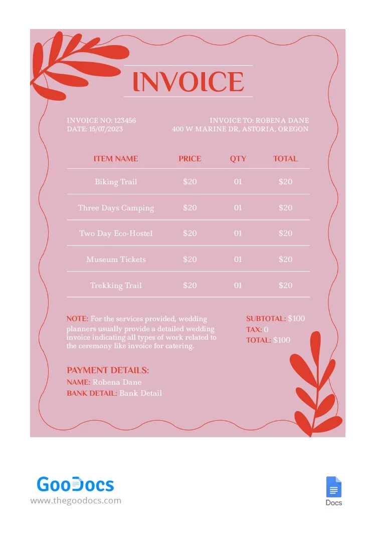 Facture de mariage rose et rouge - free Google Docs Template - 10064506