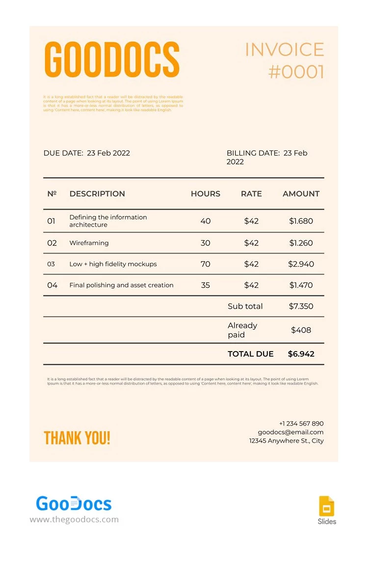 Pinkish and Orange Invoice - free Google Docs Template - 10063598