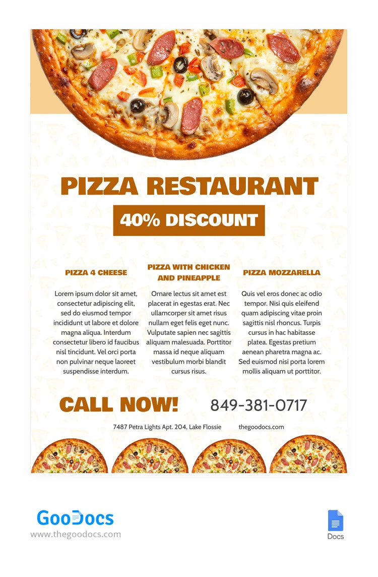 Folheto de divulgação do Restaurante de Pizza - free Google Docs Template - 10065476