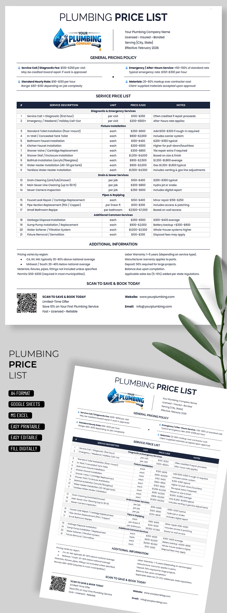 Aperçu de Modèle de liste de prix de plomberie pour Google Sheets and Microsoft Excel