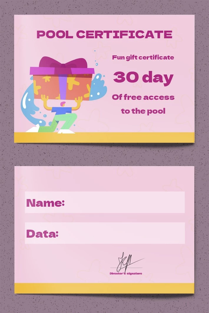 Certificat cadeau pour une expérience amusante à la piscine - free Google Docs Template - 10061858