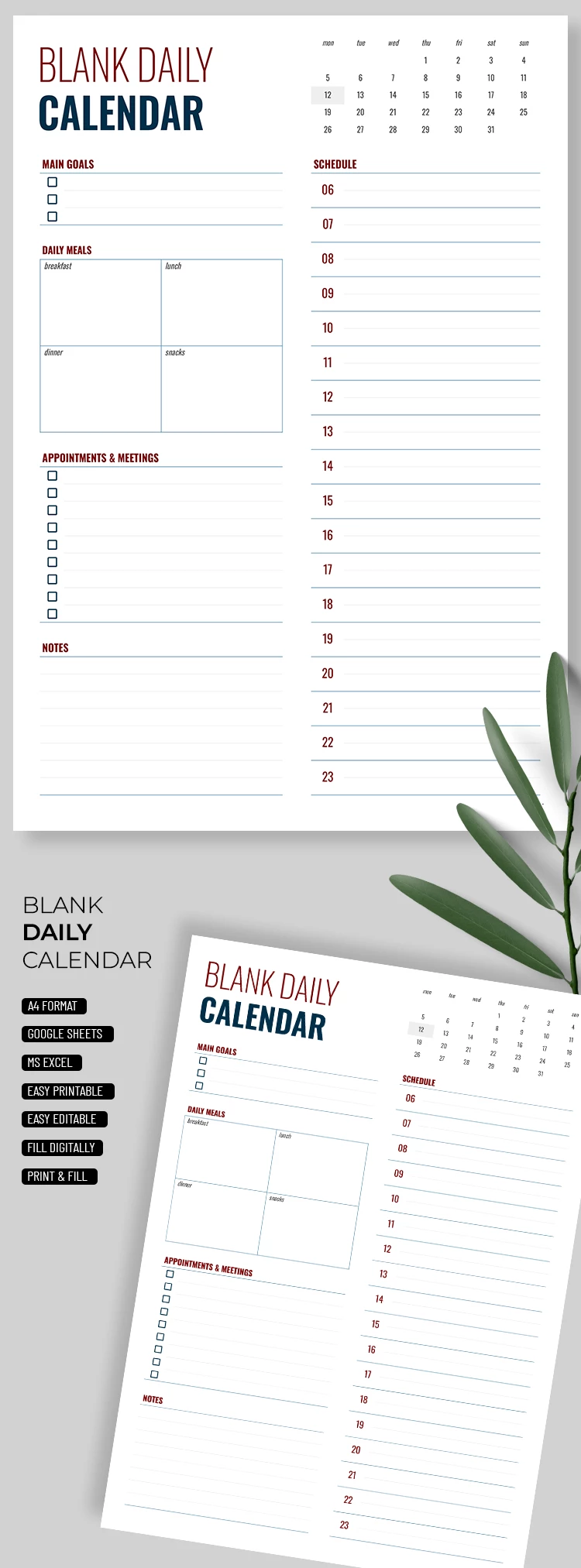 Portrait Daily Blank Calendar Template - free Google Docs Template - 10072561