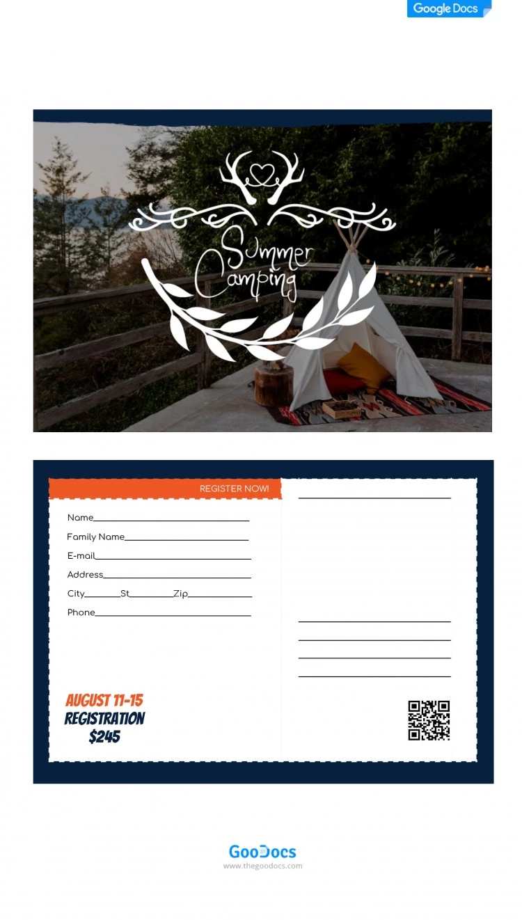 Tarjeta postal de acampada de verano - free Google Docs Template - 10062011