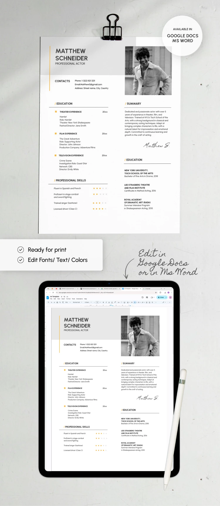 Schauspieler-Modell Lebenslauf - free Google Docs Template - 10068920