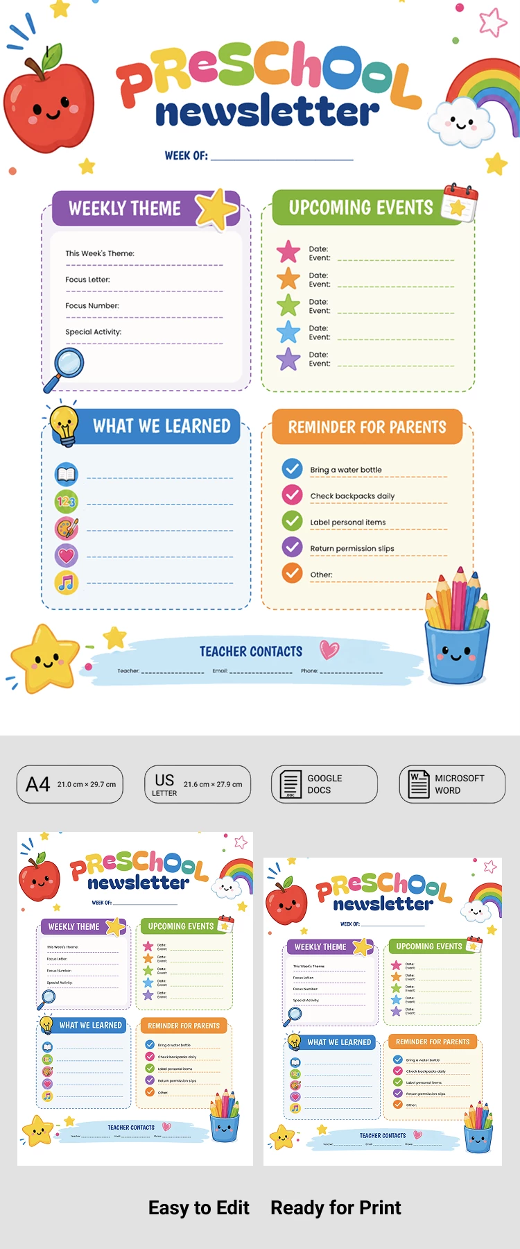 Preview of Preschool Classroom Newsletter Template for Google Docs and Microsoft Word