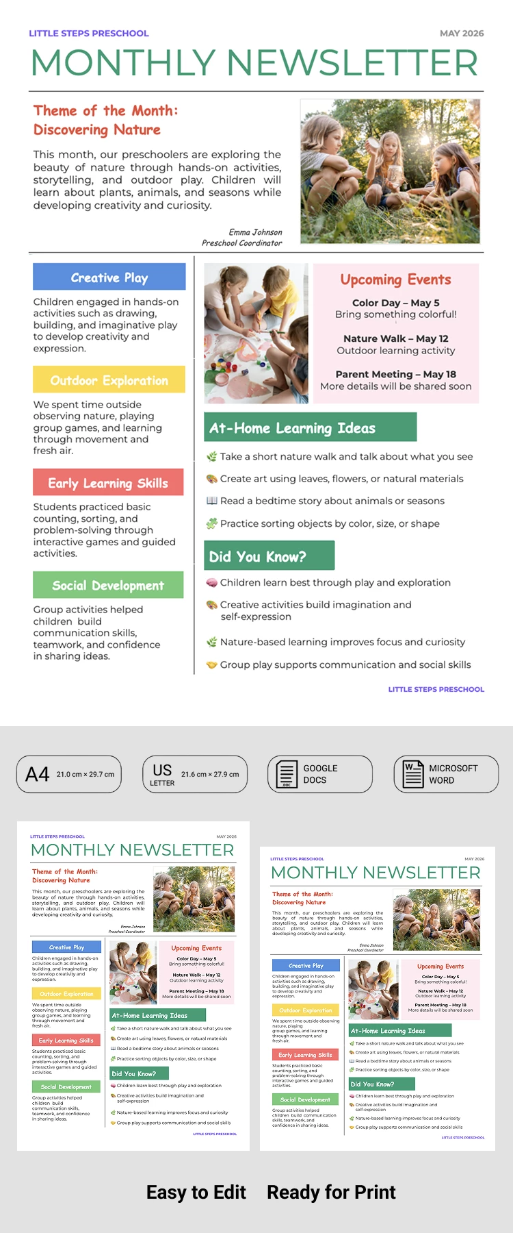 Preview of Preschool Newsletter Template for Google Docs and Microsoft Word