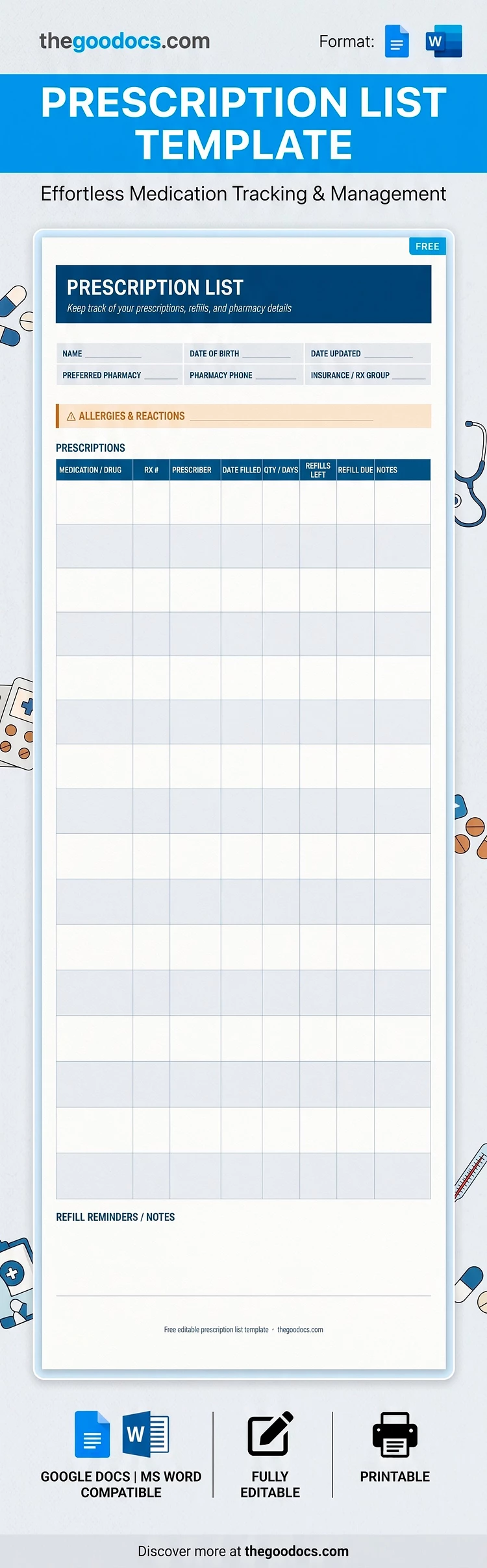 Preview of Prescription List Template for Google Docs and Microsoft Word