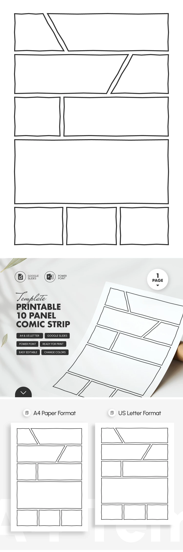 Preview of Printable 10 Panel Comic Strip Template for Google Slides and Microsoft PowerPoint