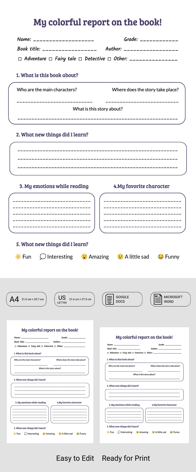 Printable 4th Grade Book Report Template - free Google Docs Template - 10072065