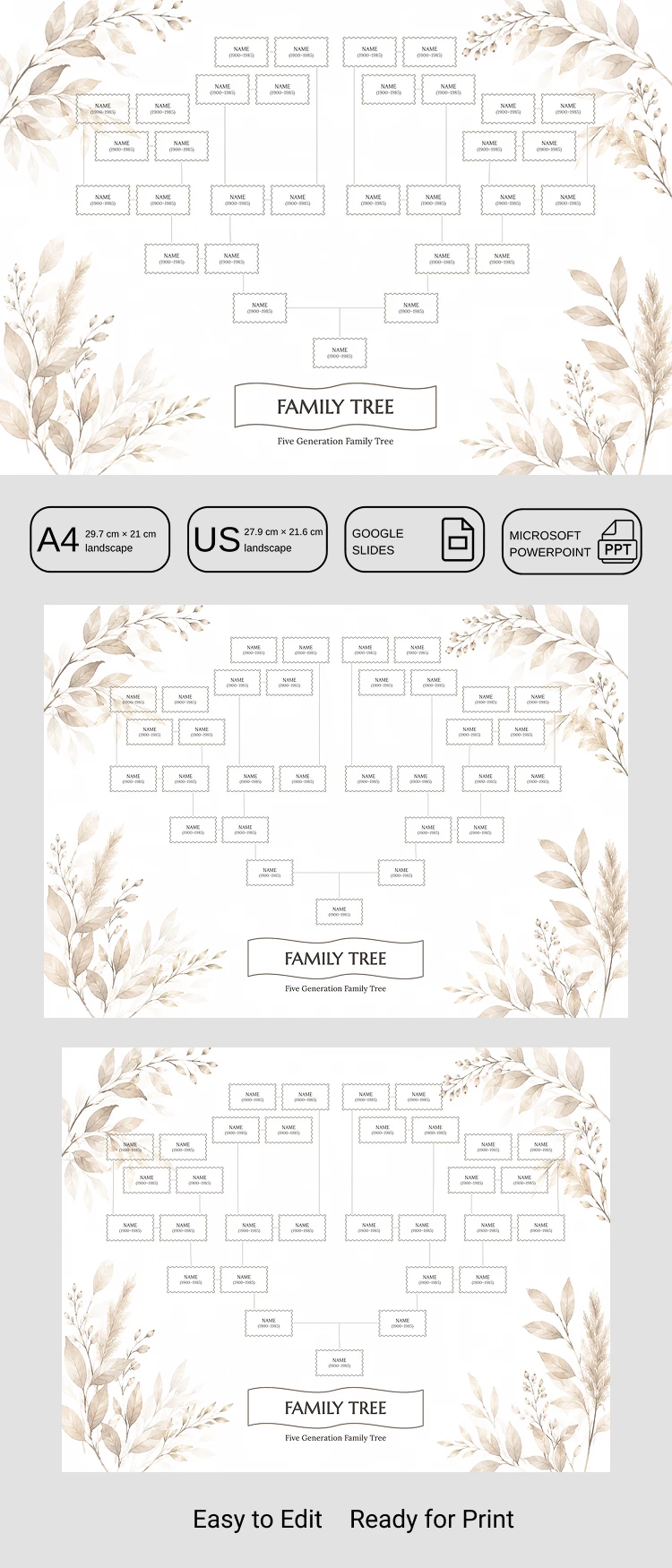 Preview of Printable 5 Generation Family Tree Template for Google Docs and Microsoft Word