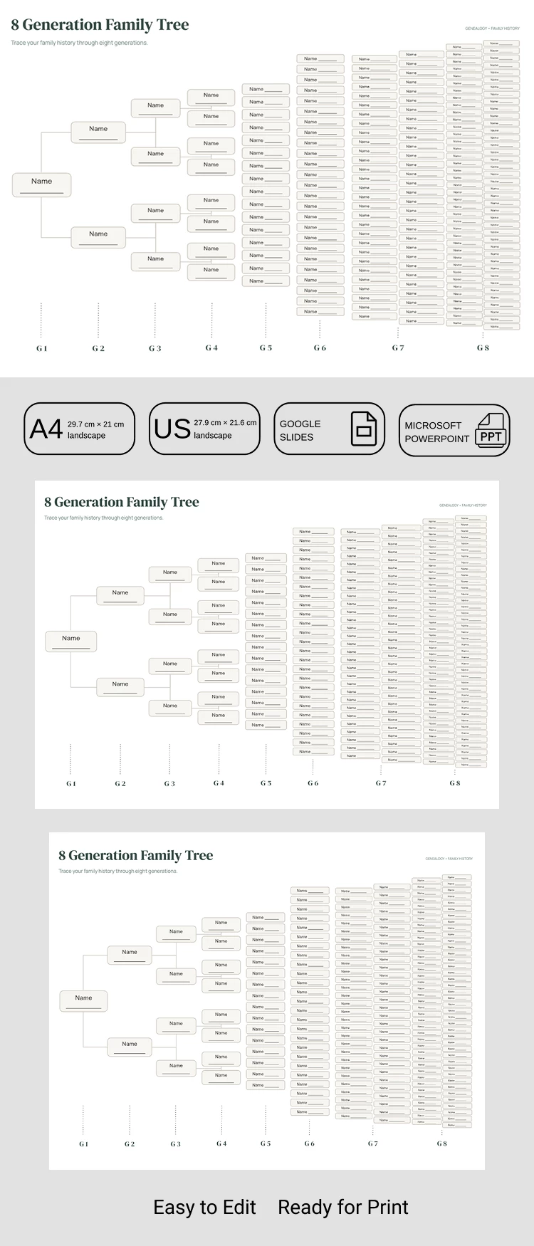 Vista previa de Plantilla imprimible de árbol genealógico de 8 generaciones para Google Docs and Microsoft Word