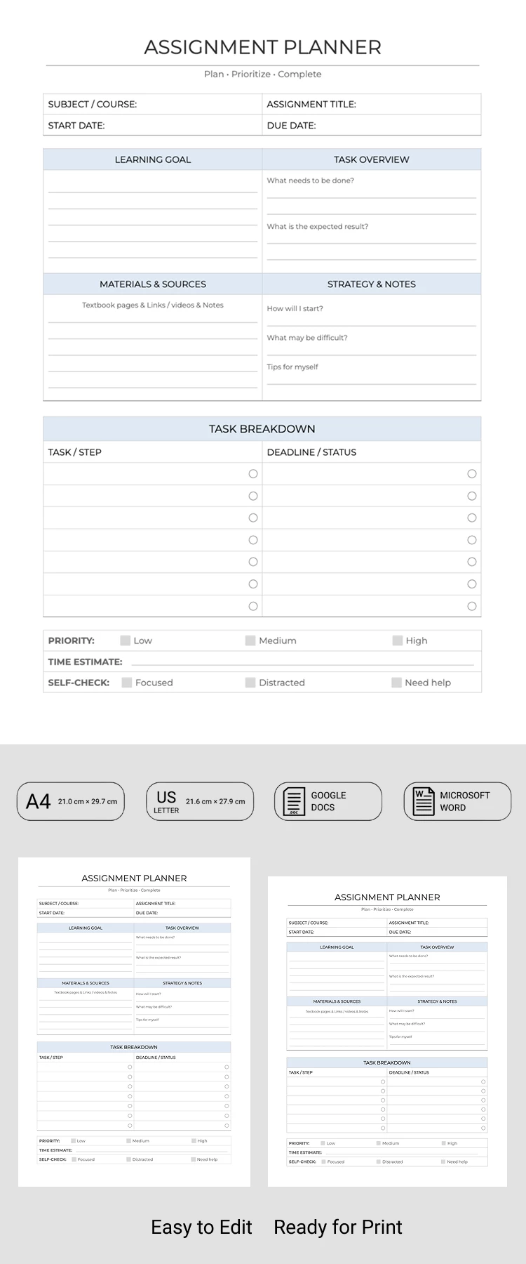 Modèle de planificateur d'assignations imprimable - free Google Docs Template - 10072390
