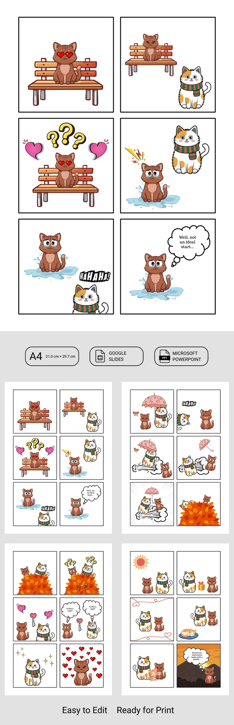 Printable Blank Comic Strip Template with Cat Characters - free Google Docs Template - 10072162