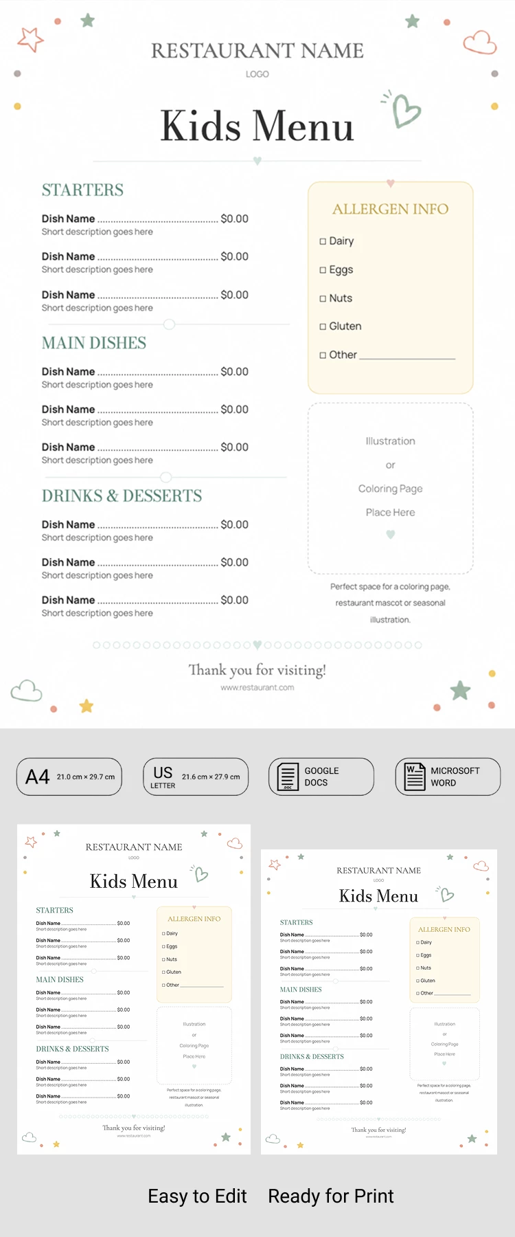 Vista previa de Plantilla imprimible en blanco de menú para niños para Google Docs and Microsoft Word