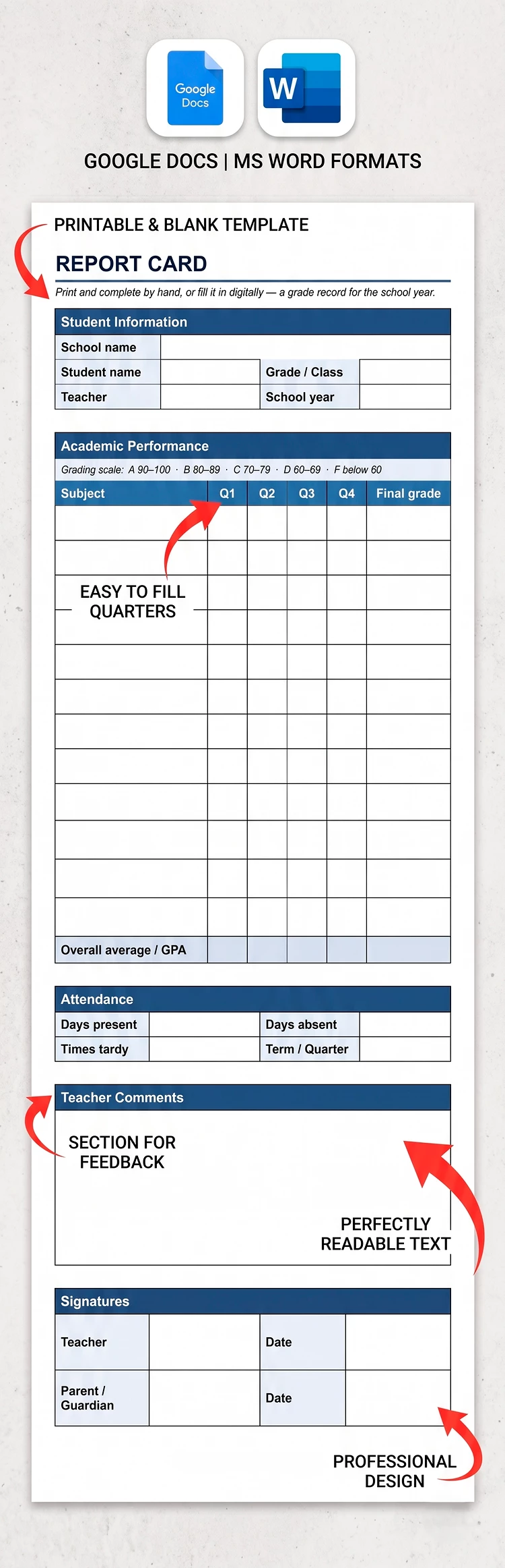 Preview of Printable Blank Report Card Template for Google Docs and Microsoft Word