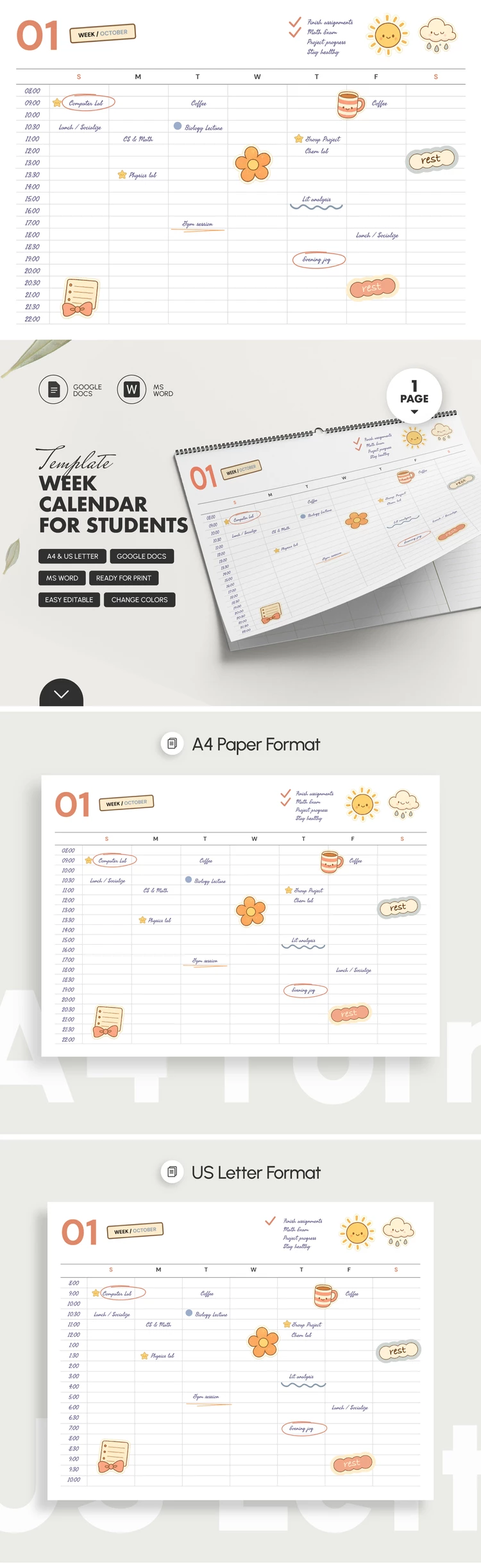 Calendrier hebdomadaire vierge imprimable pour les étudiants - free Google Docs Template - 10071691