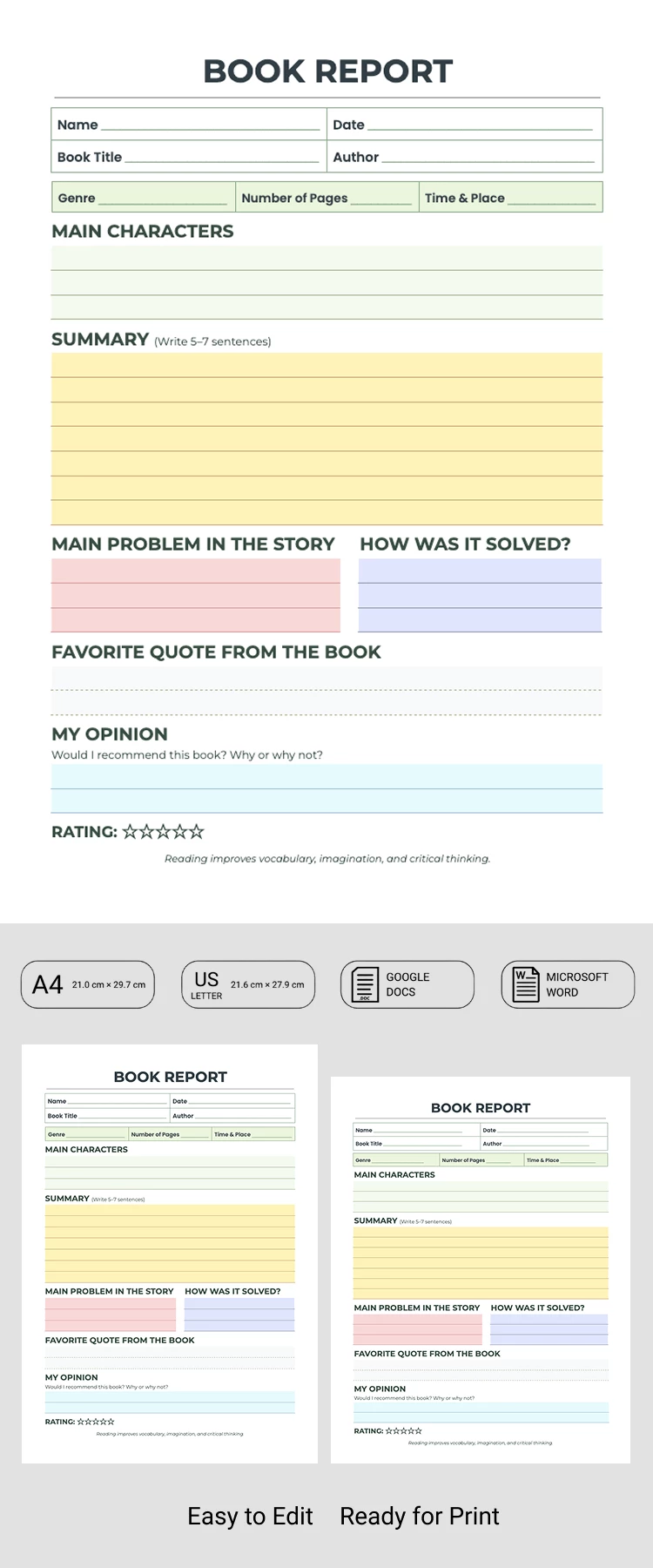 Vorschau von Druckbares Buchberichtsvorlage 7. Klasse für Google Docs and Microsoft Word