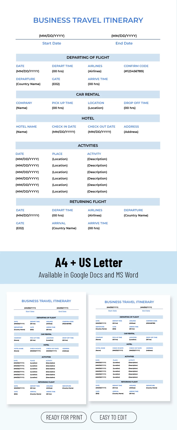 Modelo de Itinerário de Viagem de Negócios Imprimível - free Google Docs Template - 10071558