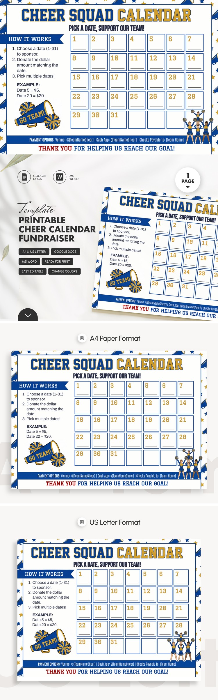 Free Printable Cheer Calendar Fundraiser Template in Google Docs and