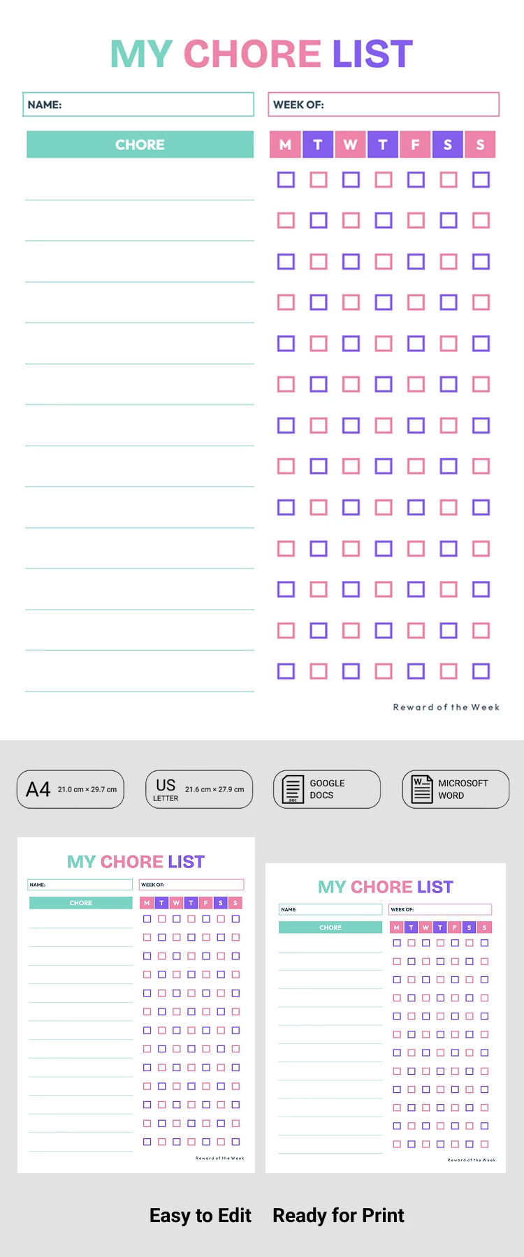 Preview of Printable Chore List Template for Google Docs and Microsoft Word
