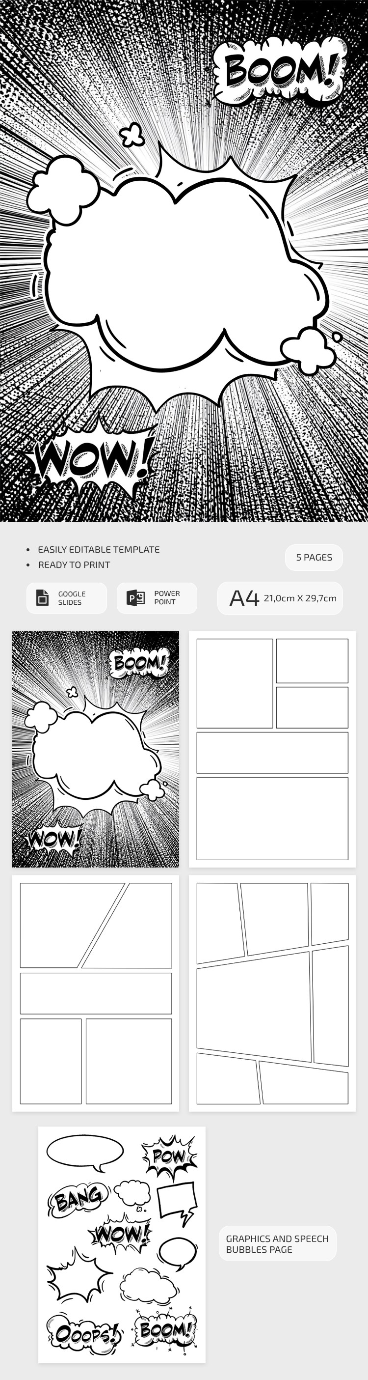 Gratuit Modèle de page de bande dessinée imprimable dans Google Slides