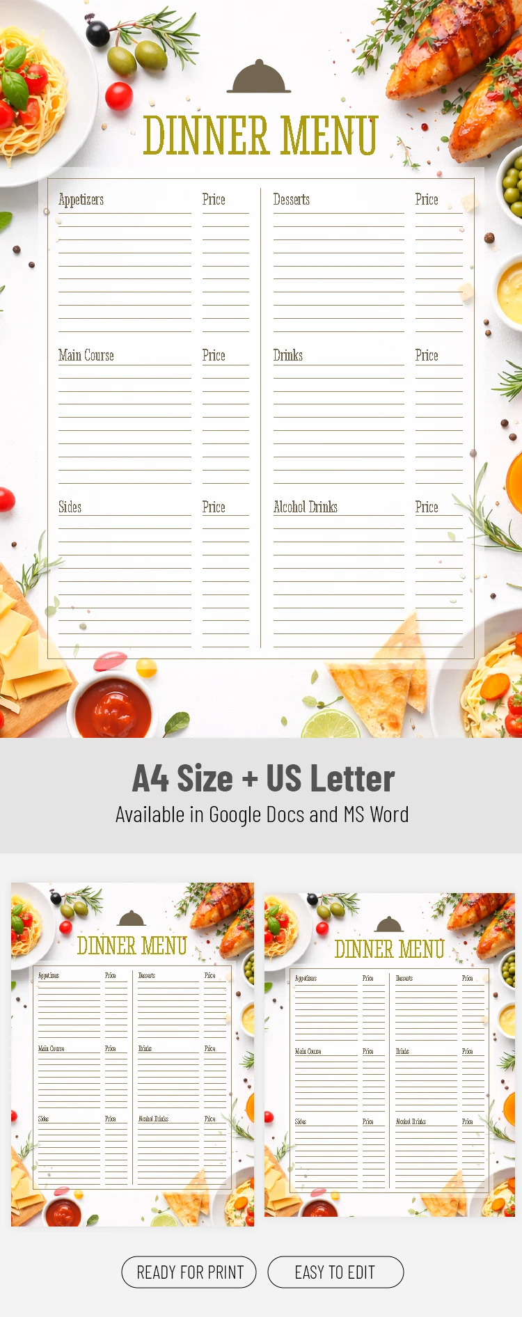 Pré-visualização de Modelo de Menu de Jantar para Impressão para Google Docs and Microsoft Word