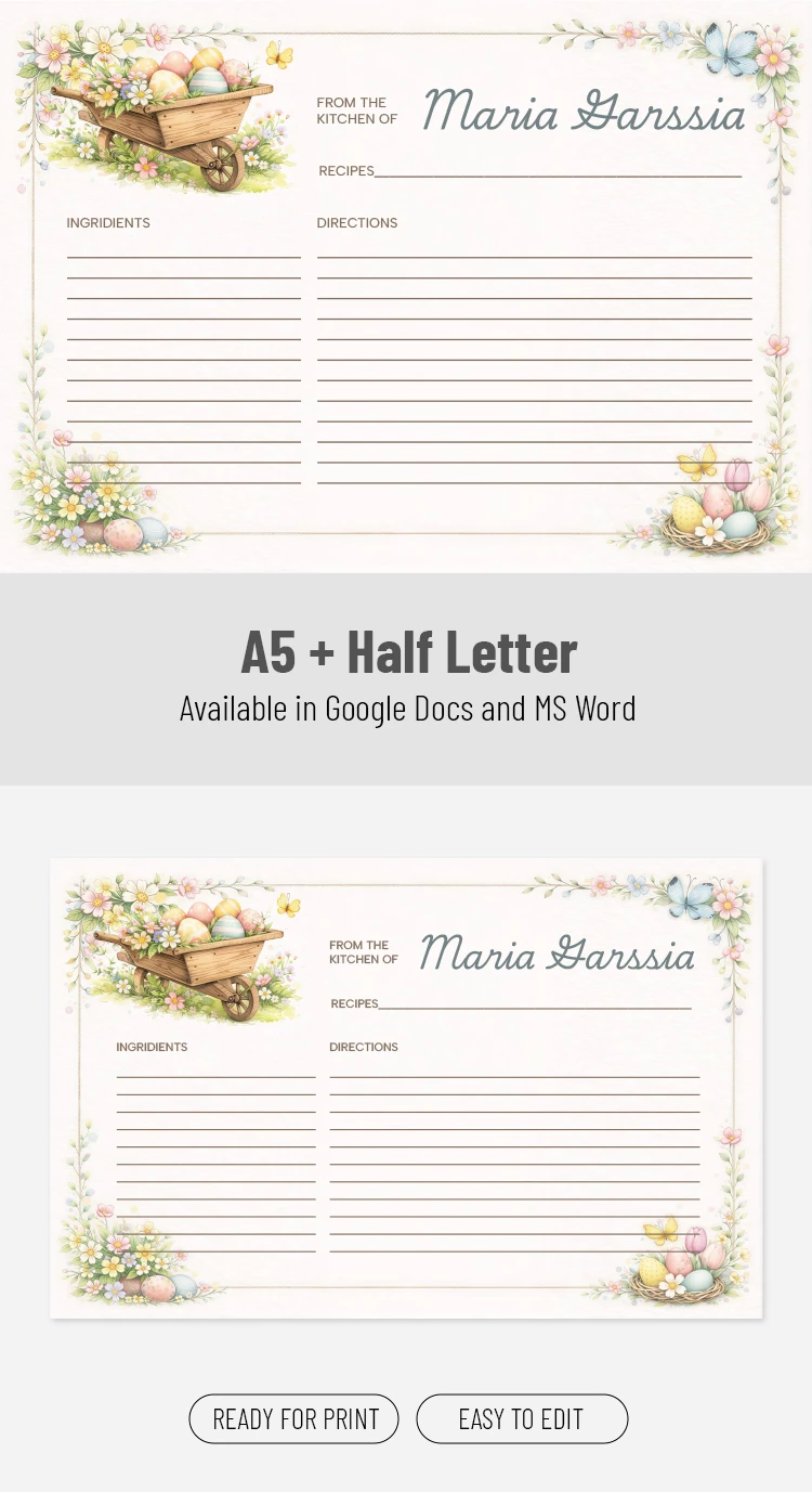 Preview of Printable Easter Recipe Card Template for Google Docs and Microsoft Word