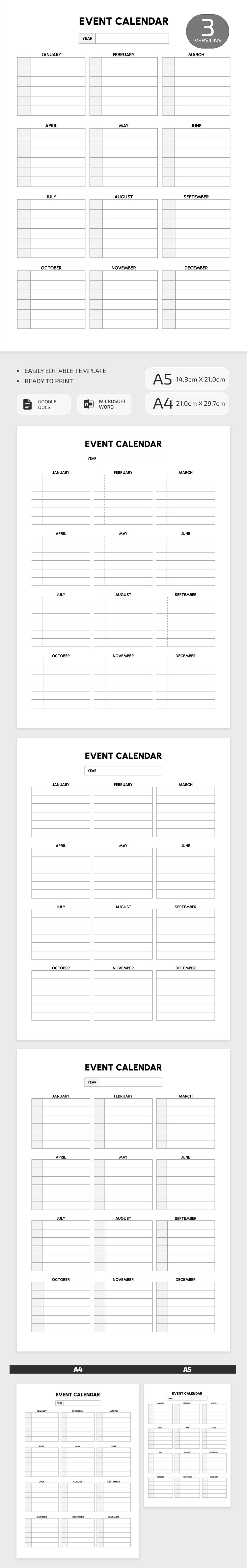 Personal Event Calendar Free Printable Event Calendar Template in Google Docs and Microsoft ...
