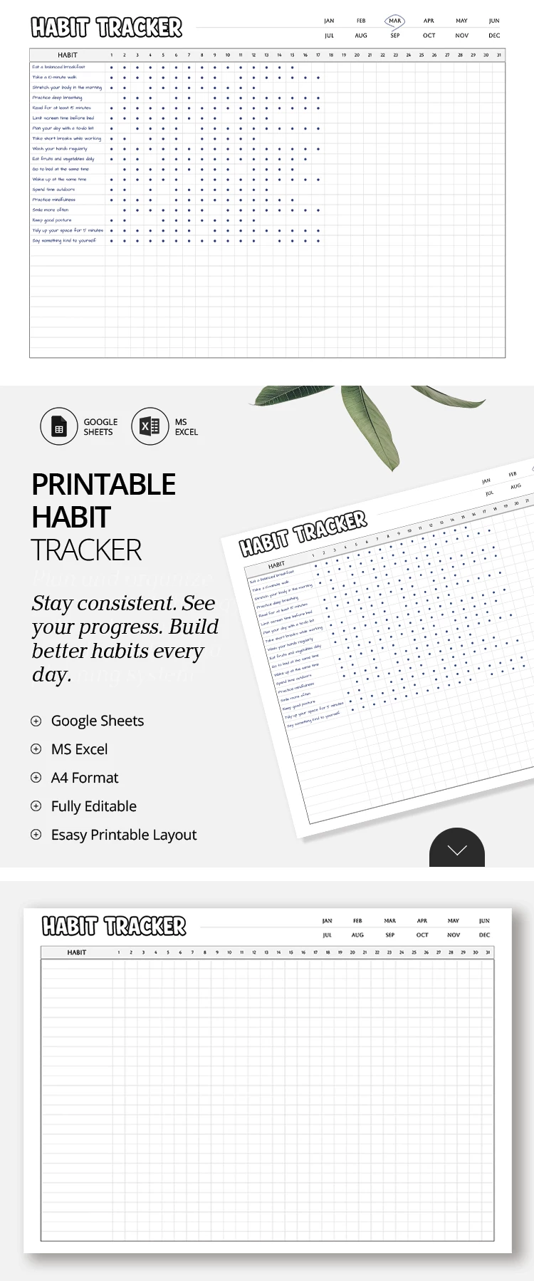 Preview of Printable Habit Tracker Template for Google Sheets and Microsoft Excel