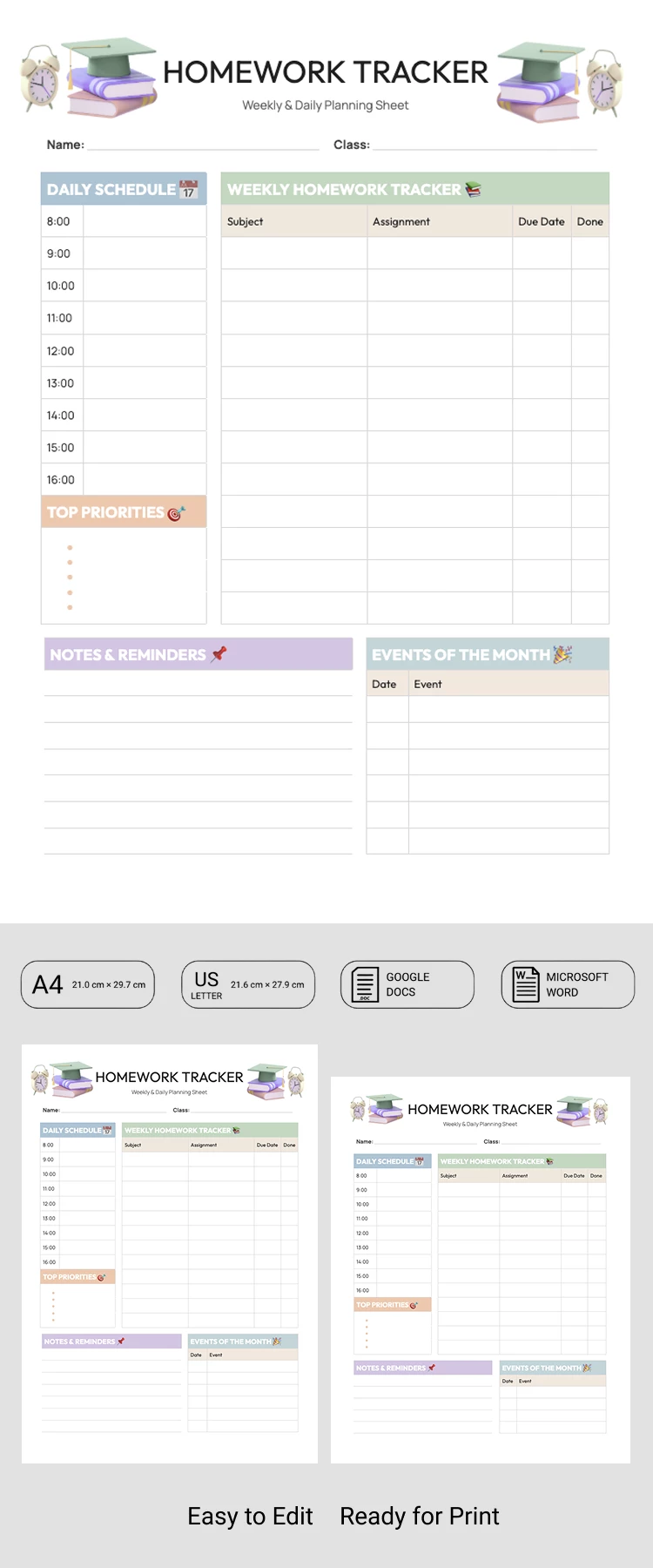 Preview of Printable Homework Tracker Template for Google Docs and Microsoft Word