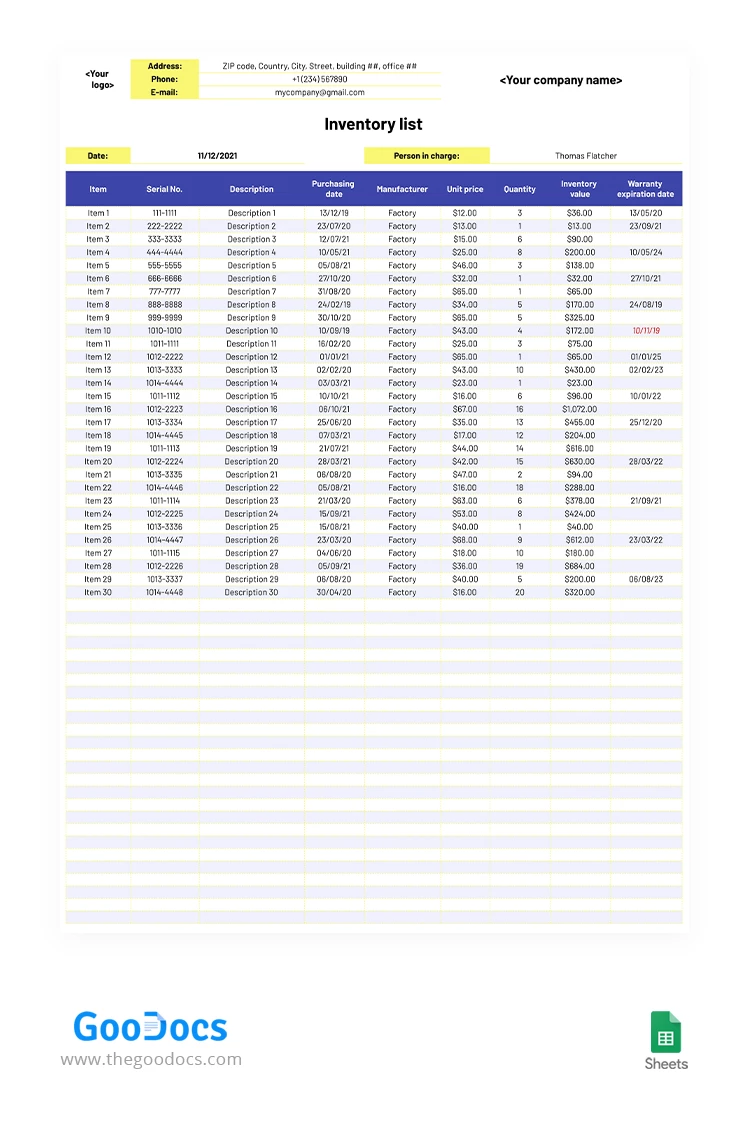 Lista de inventário imprimível. - free Google Docs Template - 10063181